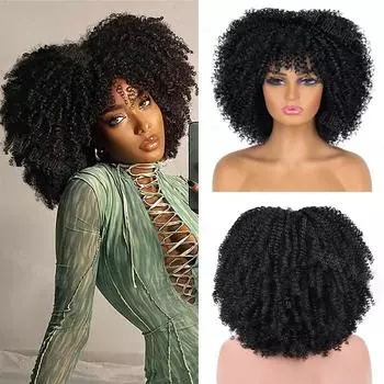 MISS WIG Синтетический короткий вьющийся парик афро с челкой для чернокожих женщин Кудрявый парик из вьющихся волос Полные афро парики 30cm
