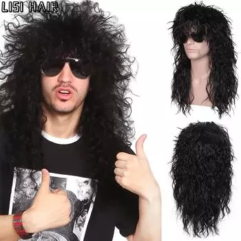 MISS WIG Синтетический парик 70-х 80-х годов, наращивание парика в стиле рок, черные парики для мужчин, вьющийся волнистый парик с челкой, вечерние хиппи, забавный 35cm