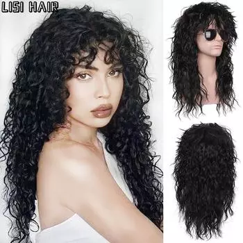 MISS WIG Синтетический парик 70-х 80-х годов, наращивание парика в стиле рок, длинные парики для мужчин и женщин, вьющийся парик-рокер с челкой, забавный вечерние в стиле хиппи 35cm