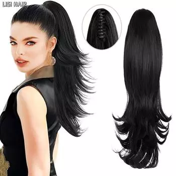 MISS WIG Синтетический зажим с когтями в хвосте Наращивание волос Шиньон Черные волосы Волнистая накладная косичка с резинкой Конский хвост 35cm