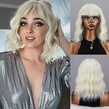 MISS WIG Светло-русый белый цвет Натуральный парик с волнистыми волосами с челкой Короткий волнистый парик из синтетического волокна Косплей Повседневная одежда 30 cm