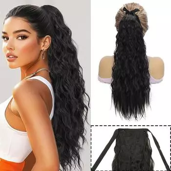 MISS WIG Synthetic Double Strap Ponytail Extensions Clip In Long Wavy Curly Ponytail Wrap Around Ponytail Heat Resistant Hairpiece 55cm
