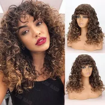 MISS WIG Synthetic Long Curly Wig Extension Big Loose Cute Curly With Bangs For Black Women Wear