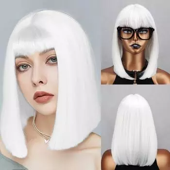 MISS WIG Женская мода Чистый белый короткий прямой парик Боб с челкой Синтетическое волокно Повседневная одежда Косплей Натуральный прямой парик Боб 6-26