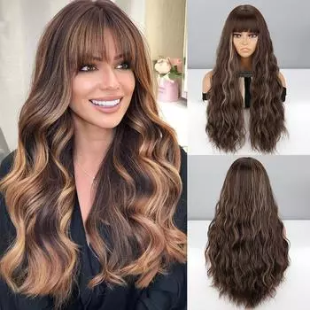 MISS WIG Женская мода Коричневый со светло-русыми бликами Длинный волнистый парик с челкой Синтетическое волокно Натуральный волнистый парик