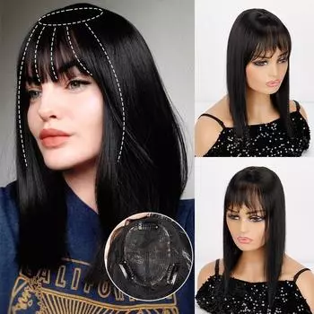 MISS WIG Женская мода Короткие прямые черные волосы для наращивания с челкой Шиньон из синтетического волокна для женщин 25 cm