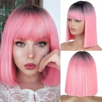 MISS WIG Женская мода Короткий прямой боб Ombre Черный розовый парик с челкой Синтетическое волокно до плеч Прямой парик 789