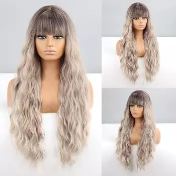 MISS WIG Женская мода Ombre Серый цвет Длинный волнистый парик с челкой Синтетическое волокно Парик из натуральных глубоких волн Повседневная одежда Косплей