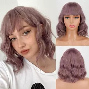 MISS WIG Женская мода Светло-фиолетовый синтетический волокно Короткий волнистый парик Боб с челкой Повседневная одежда Косплей Парик для вечеринки