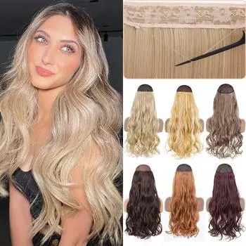 MISS WIG Женская повседневная одежда Натуральные волнистые невидимые наращивание волос без зажимов Синтетическое волокно Длинные волнистые прямые шиньон 55cm