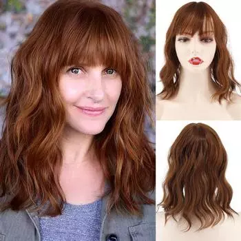 MISS WIG Женские натуральные накладные волосы на клипсе Короткие волнистые волосы с челкой Подходит для косплея Вечеринка Ежедневное использование Парик из синтетического волокна