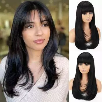 MISS WIG Женский длинный прямой черный натуральный многослойный парик с челкой Синтетическое волокно Ombre Blonde Повседневная одежда Косплей Натуральный волнистый парик 2