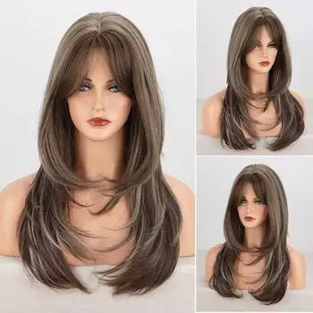 MISS WIG женский длинный прямой парик коричнево-серого цвета с омбре с изогнутой челкой, повседневная одежда, парик из натуральных волнистых волос для косплея