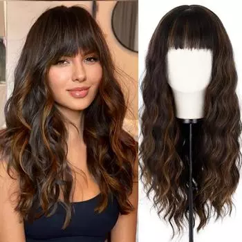 MISS WIG, женский длинный волнистый парик с челкой, темно-коричневый, светло-русый, парик из синтетического волокна для женщин, повседневная одежда, косплей 26inches