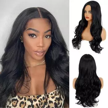 MISS WIG Женский длинный волнистый синтетический парик 26 дюймов Натуральные длинные волосы Волнистый парик Средняя часть Термостойкий сменный парик Черная волна воды