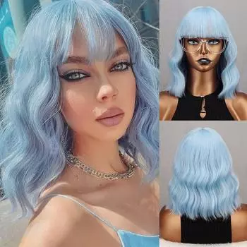 MISS WIG, женский короткий модный светло-голубой цвет, волнистый парик с челкой, синтетическое волокно, длина до плеч, парик с натуральной волной воды, косплей 30 cm