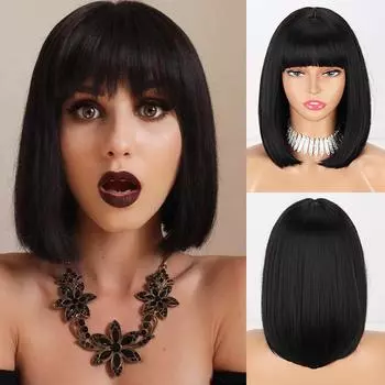 MISS WIG женский короткий прямой парик боб с челкой из синтетического волокна, натуральный прямой боб, косплей, повседневная одежда, парик до плеч, парик 1B