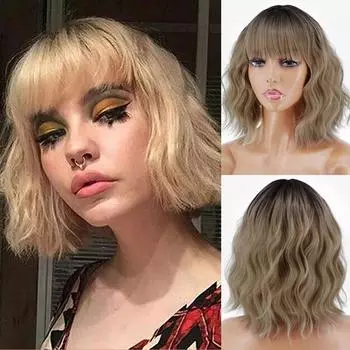 MISS WIG женский короткий волнистый парик с челкой, платиновый блондин, цвет омбре, парик из синтетического волокна для женщин, повседневная одежда 12inches