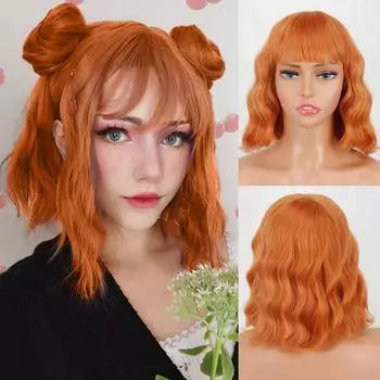 MISS WIG, женский модный короткий волнистый парик с челкой, натуральный водный волнистый парик оранжевого цвета из синтетического волокна для женщин