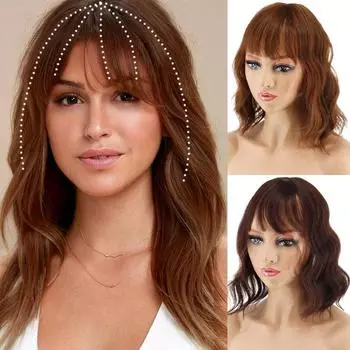 MISS WIG Женский натуральный короткий парик с волнистыми волнами для наращивания волос с челкой, парик из синтетического волокна, подходит для вечеринки, повседневного использования