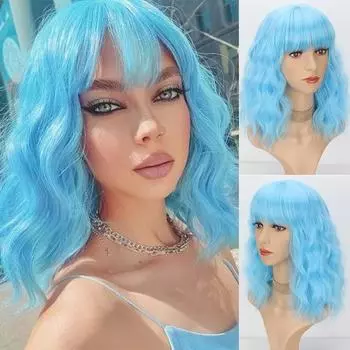 MISS WIG Женский натуральный волнистый парик с челкой Синтетическое волокно длиной до плеч Светло-голубой Косплей Повседневная одежда Синий волнистый парик