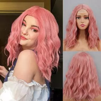 MISS WIG женский розовый волнистый парик до плеч без челки из синтетического волокна, кружевной передний парик с натуральной волной воды, повседневная одежда 35 cm