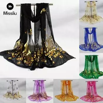 Шифоновый женский шарф с золотой отделкой зелёный