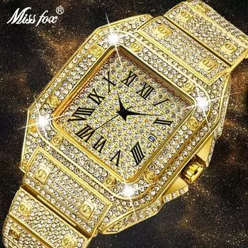 MISSFOX Ice Out Square Watch для мужчин, лучший бренд, роскошные мужские часы с бриллиантами, ультратонкие водонепроницаемые часы в стиле хип-хоп серебряный