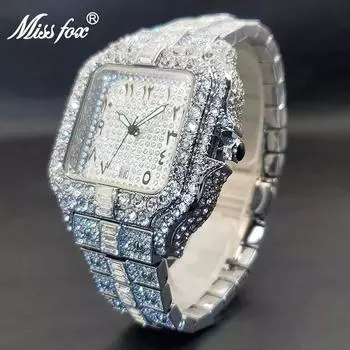 MISSFOX квадратные кварцевые часы для мужчин золотые арабские цифры циферблат хип-хоп стильные бриллиантовые мужские часы календарь наручные часы золотой