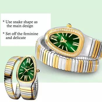 MISSFOX - Женские кварцевые часы Serpentine, модные аксессуары, персонализированный браслет Snakehead из нержавеющей стали с инкрустацией бриллиантами, женские часы зелёный/золотой