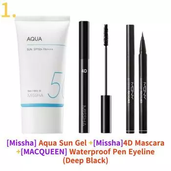 [Missha] Универсальный солнцезащитный гель Safe Block Aqua Sun Gel 50 мл +[Missha] Тушь для ресниц 4D +[MACQUEEN] Специальный набор водостойкой подводки для глаз MQNY 1.
