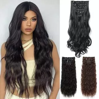 MISSQUEEN 7PCS Synthetic Long Wavy Curly Clip In Hair Extension Thick Double Weft Heat Resistant Fiber Hair For Women Daily Wear 60CM
