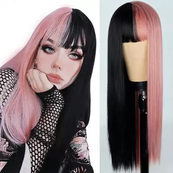 MISSQUEEN Черные розовые волосы синтетические длинные прямые парики с челкой мягкие натуральные парики для женщин косплей использование 55CM