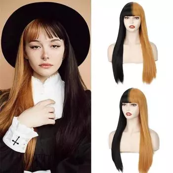 MISSQUEEN Черные желтые синтетические длинные прямые парики с челкой, мягкие парики для женщин, одежда для вечеринок и косплея 55CM