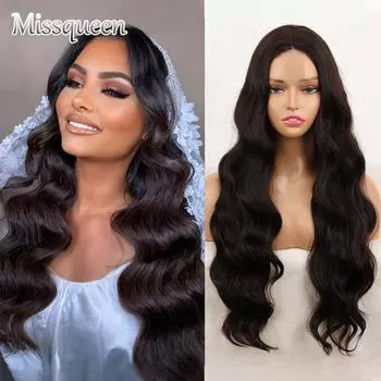 MISSQUEEN черный волнистый парик без челки, кружевной передний парик из синтетического волокна, длинный натуральный волнистый парик, повседневная одежда для женщин 60 CM