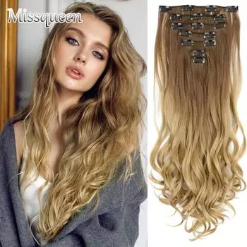 MISSQUEEN Длинные волнистые наращивание волос с эффектом омбре 16 шпилек, подрезанных в наращенных волосах для синтеза термостойкого толстого парика 24inches&1 PC