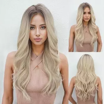 MISSQUEEN Длинные волнистые светлые парики для женщин, синтетический парик со средней частью, натуральный вид, парики из термостойкого волокна 60cm