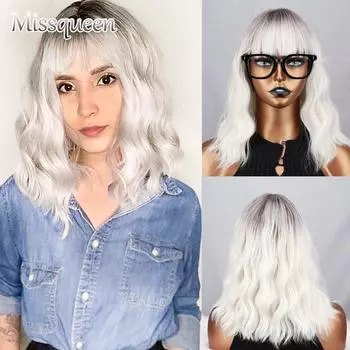 MISSQUEEN Длинный боб, черный, градиентный белый синтетический парик, женский парик с челкой, синий, розовый, черный, парик в стиле Лолиты для вечеринки, косплей, натуральные волосы