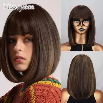MISSQUEEN, длинный парик с загибом внутрь, длинный боб с челкой для женщин, коричневый, светлый, синтетический, парик средней длины, косплей 6-26