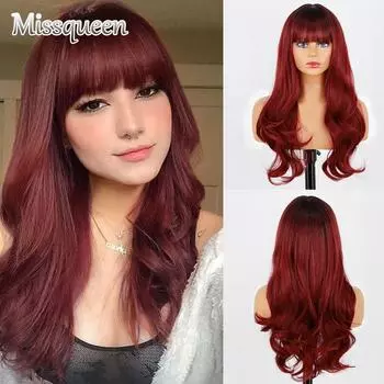MISSQUEEN Длинный парик винно-красного цвета с челкой, синтетические длинные волнистые бордовые парики для женщин, натуральные волнистые вьющиеся красные парики для ежедневного использования 24 дюйма вино красного