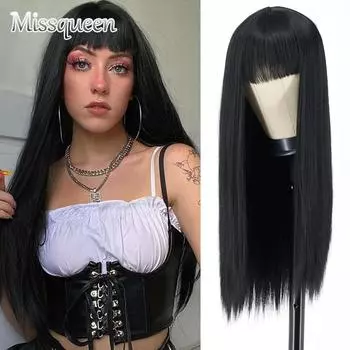MISSQUEEN длинный прямой черный парик с челкой, парики из синтетических волос, челка с париком для женщин, винно-красный, золотой, термостойкие парики