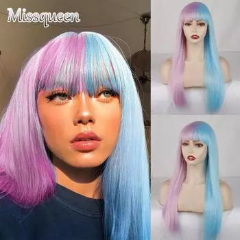MISSQUEEN Длинный прямой модный парик для косплея Лолиты полуфиолетовый синий цвет длинный прямой парик из синтетического волокна с челкой