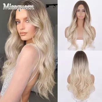 MISSQUEEN Длинный волнистый парик из синтетического волокна Ombre Light Platinum Blonde Длинные волнистые средние части натуральных волос Парики для косплея для женщин