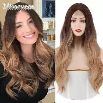 MISSQUEEN Длинный волнистый парик Ombre Коричневый золотой синтетический парик Косплей средней части Женский натуральный термостойкий парик 28inches