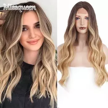 MISSQUEEN Длинный волнистый парик Ombre Платиновая блондинка Коричневые парики для женщин Ежедневное использование Высокотемпературный парик из синтетического волокна 28inches