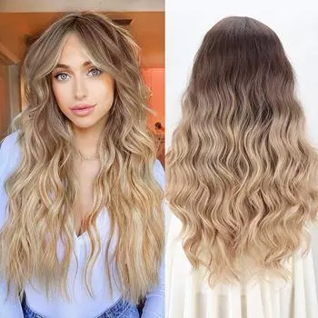 MISSQUEEN Длинный волнистый темно-русый парик для женщин Парики с кружевной передней частью Естественный вид средней части вьющегося парика Термостойкие синтетические парики для повседневного использования 60cm