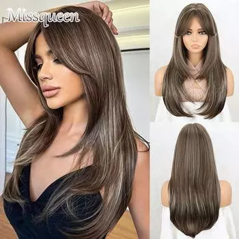 MISSQUEEN Коричневые парики для женщин Длинные многослойные парики с челкой Термостойкие парики из синтетического волокна Коричневые с серыми бликами