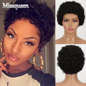 MISSQUEEN Короткие афро вьющиеся парики из синтетических волос для чернокожих женщин Короткие прически Парики с стрижкой пикси с тонкими волосами Черно-коричневые светлые парики из волос