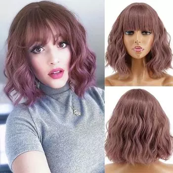 MISSQUEEN Короткие волнистые парики для чернокожих женщин, афроамериканские синтетические розовые волосы, фиолетовые парики с челкой, термостойкий парик для косплея 12inches