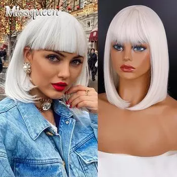 MISSQUEEN короткий парик «боб» с челкой для девочек, синтетические прямые парики «боб», парик для вечеринки/ежедневного термостойкого парика, длина до плеч